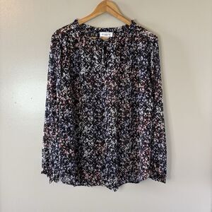 Liz Claiborne Floral Peasant Blouse Black Long Sleeve Top Women Semi Sheer Sz 1X